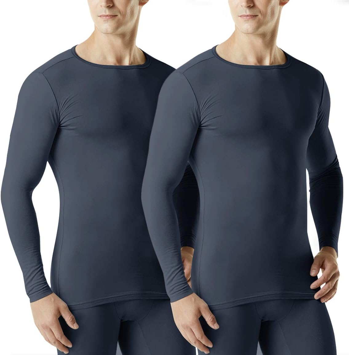 TSLA 2 Pack Men's Long Sleeve Thermal Underwear Tops, Microfiber Soft Fleece Lined Shirt, Winter Cold Weather Base Layer Top