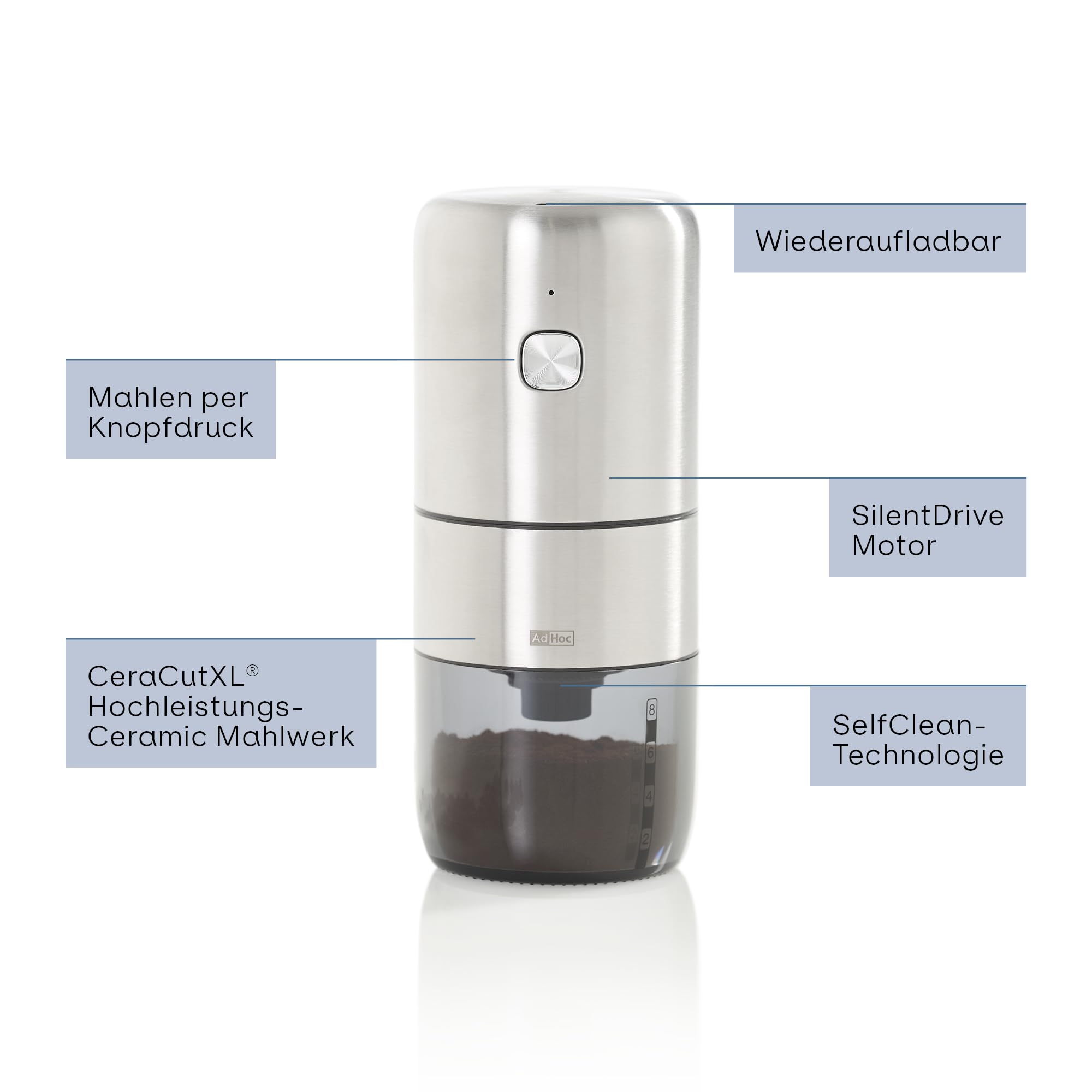 AdHoc i.Mill Design Kaffeemühle, elektrisch & wiederaufladbar | CeraCutXL® Keramikmahlwerk, USB-C, SilentDrive und stufenlose Mahlgradeinstellung