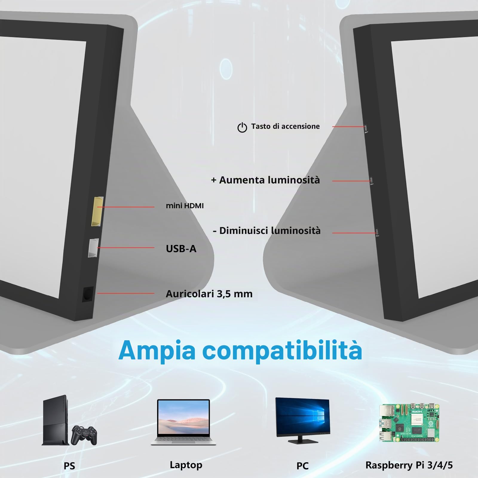 Mini monitor HDMI da 7 pollici, monitor portatile, visualizzazione LCD 1024 × 600, angolo di visione 178°, IPS, mini display piccolo per PC/TV/DVD/CVBS (senza visualizzazione touch)