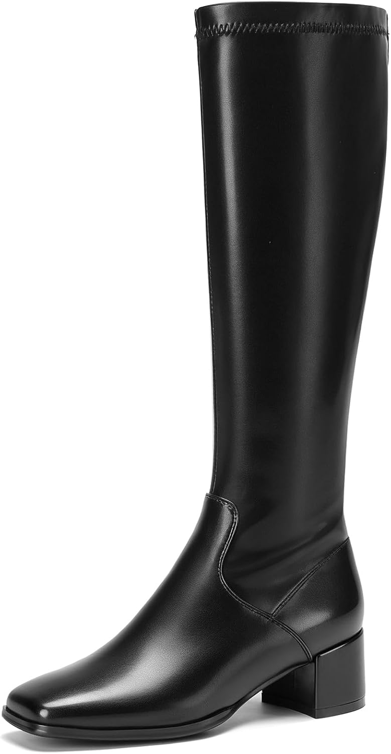 Cozivwaiy Women's Knee High Boots Stretch Black Tall Boot Square Toe Pu Leather Comfortable Chunky Low Heel Dressy Shoes Side Half Zipper