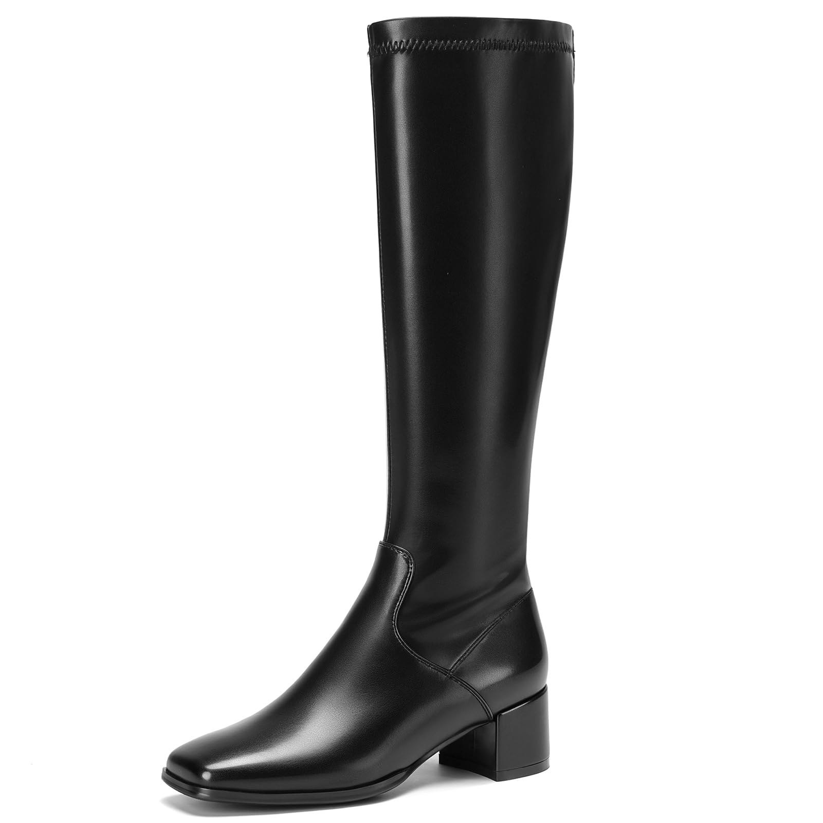 Cozivwaiy Womens Knee High Boots Stretch Black Tall Boot Square Toe Pu Leather Comfortable Chunky Low Heel Dressy