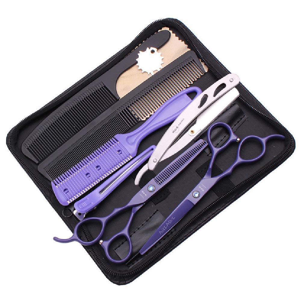 5.5 / 6.0 / 7.0 Pulgadas Conjunto De Tijeras De Peluquería Zurda, Barberos Tijeras De Corte De Cabello Profesional Tijeras De Estilo 10 PCS Kit, Luz Y Afilado, Para Hombres, Mujeres,Púrpura,6.0 Inch A