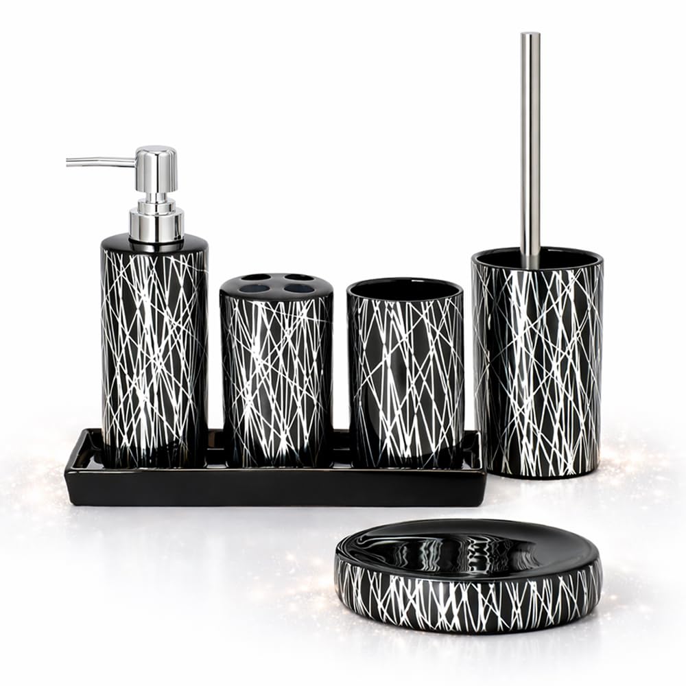 Home Harbour Modern Bathroom Collection | Set of 5/6 Bathroom Accessories | Soap Dispenser, Toothbrush Holder, Storage Holder, Tumbler, Tray Dish | Silver & White Décor (Set of 6 Collection Black)