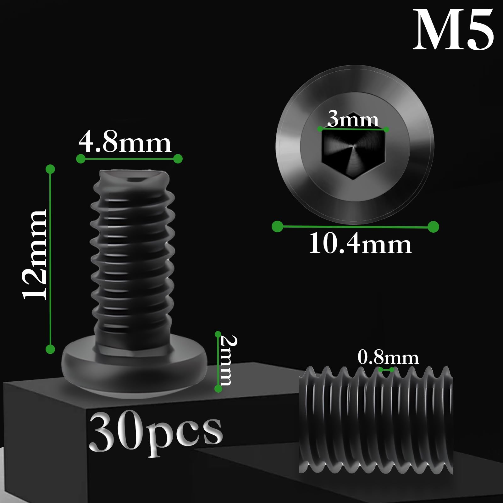Pyroclasia M5 Bolts 30 Stück M5 X 12 mm Flat Head Allen Bolts 304 Stainless Steel Black Furniture Screw Long Bolt Fully Thread with Hex Key for Furniture Assembly Machinery Industry - Image 2