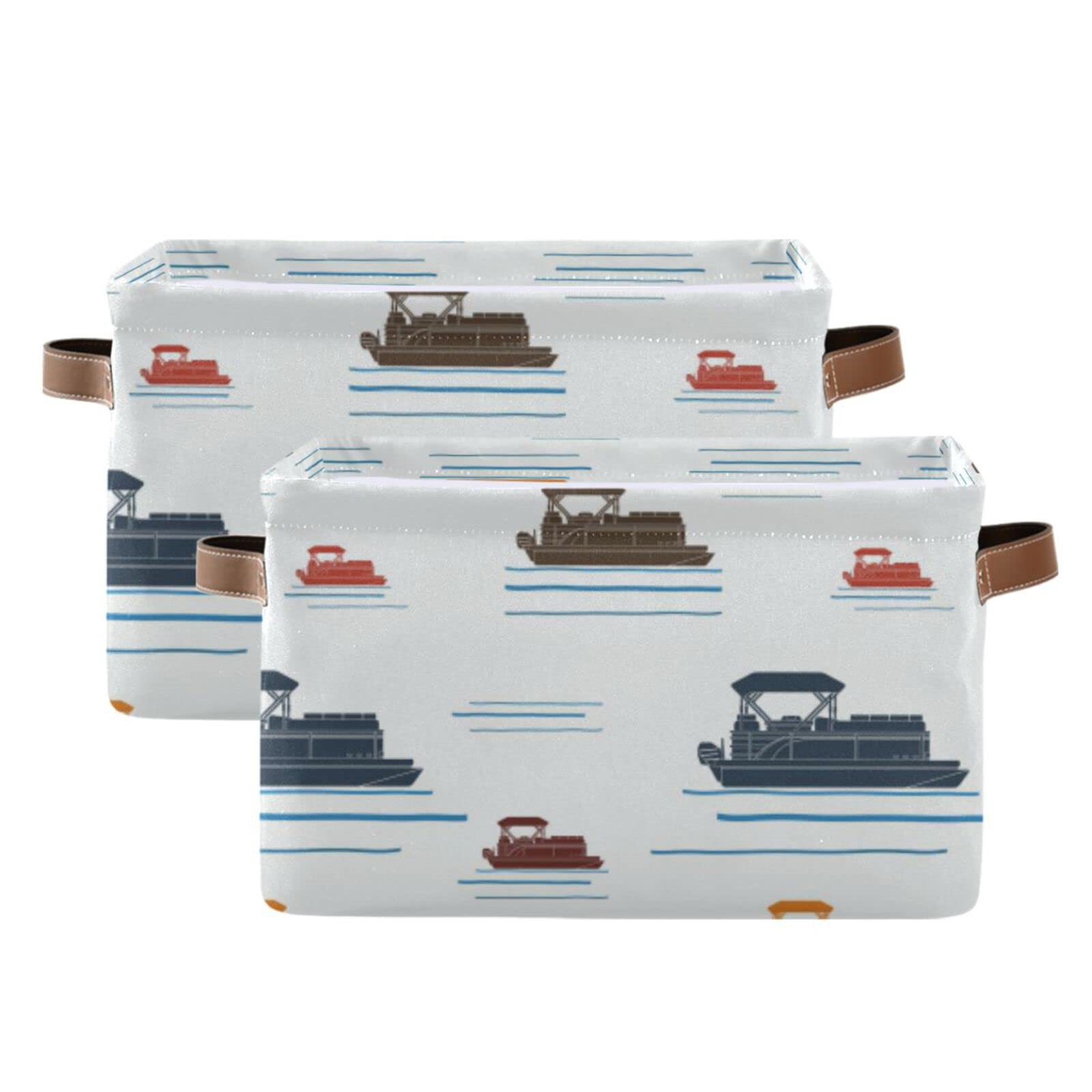 Oyihfvs Editable Side View Flat Style Pontoon Boat on Sea Water on White 1 PC Rectangle Storage Basket Collapsible Fabric with Leather Handles Bag Organizer Clothes for Home Bedroom 15 x 11 x 9.5 in