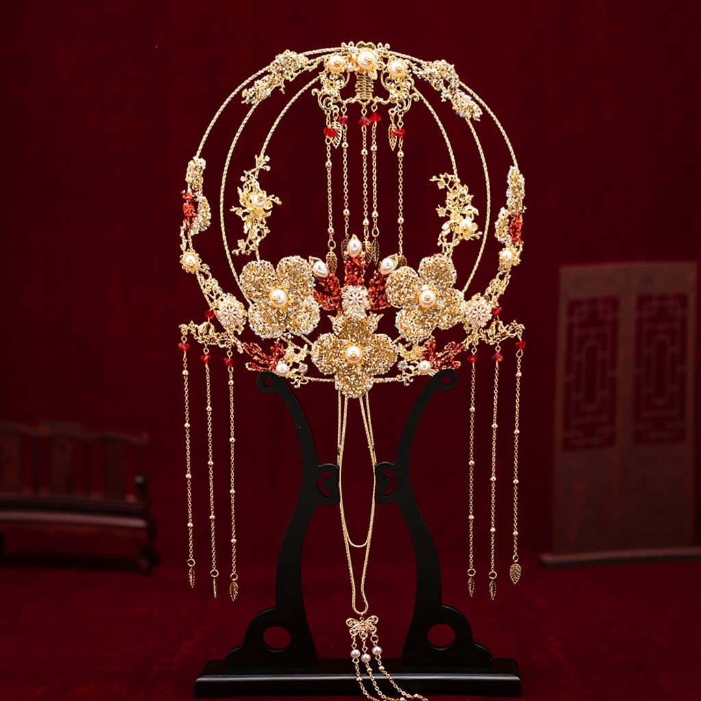 Gold Crystal Bride Fan Golden Flowers Wedding Bouquets Chinese Style Hand Bouquet For Xiu Wo Dress