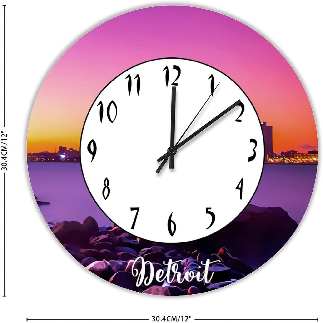 Detroit Decorative Wood Wall Clock for Kitchen Dining Room Home Decoration Detroit Scenery Cityscape Silent Non-Ticking Battery Operated Hanging Wooden Clock 12 Inch
