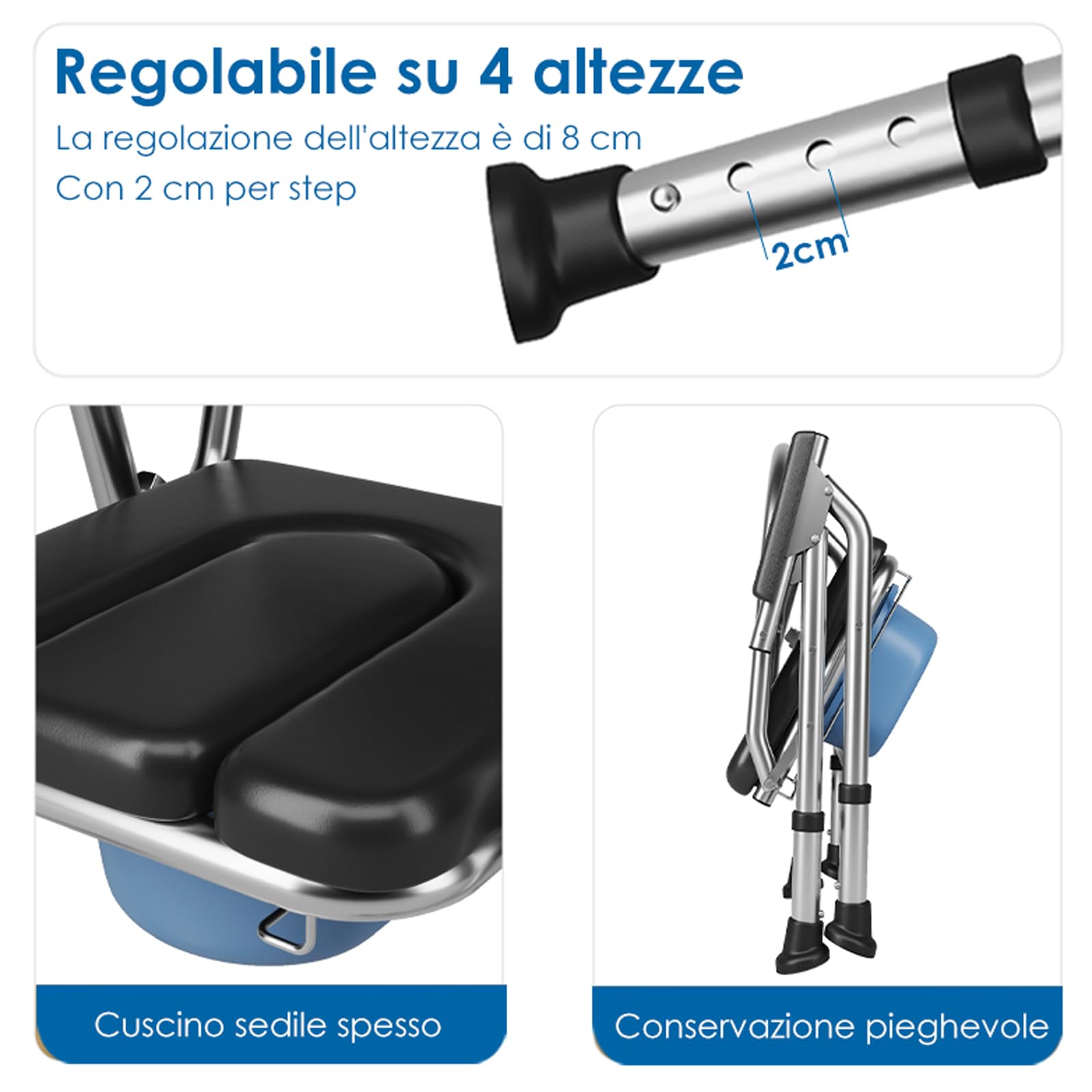 Sedia Comoda WC per Anziani, Sedia WC Pieghevole con Braccioli, Water Portatile per Adulti, Cesso Portatile Con secchio igienico e cuscino imbottito, Sedia da Doccia Disabili, (TY-0312)