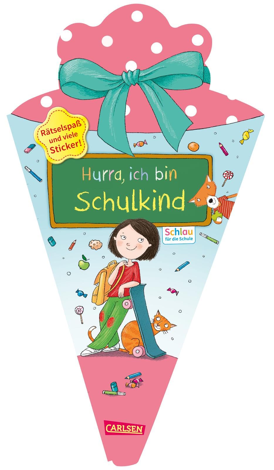 Schlau für die Schule: Hurra, ich bin Schulkind (Schultüte rosa/blau): Rätselspaß und viele Sticker | Rätselbuch zum Knobeln, Malen und Schreiben ab 5 Jahren, formgestanzt als Schultüte