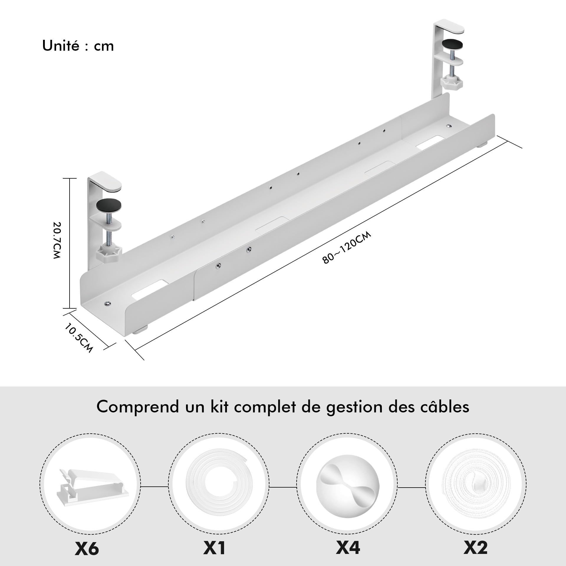 Mimoke Goulotte de câbles de bureau - Extensible de 800 à 1200 mm - Gestion des câbles - Bureau avec accessoires - Montage facile par serrage (blanc)