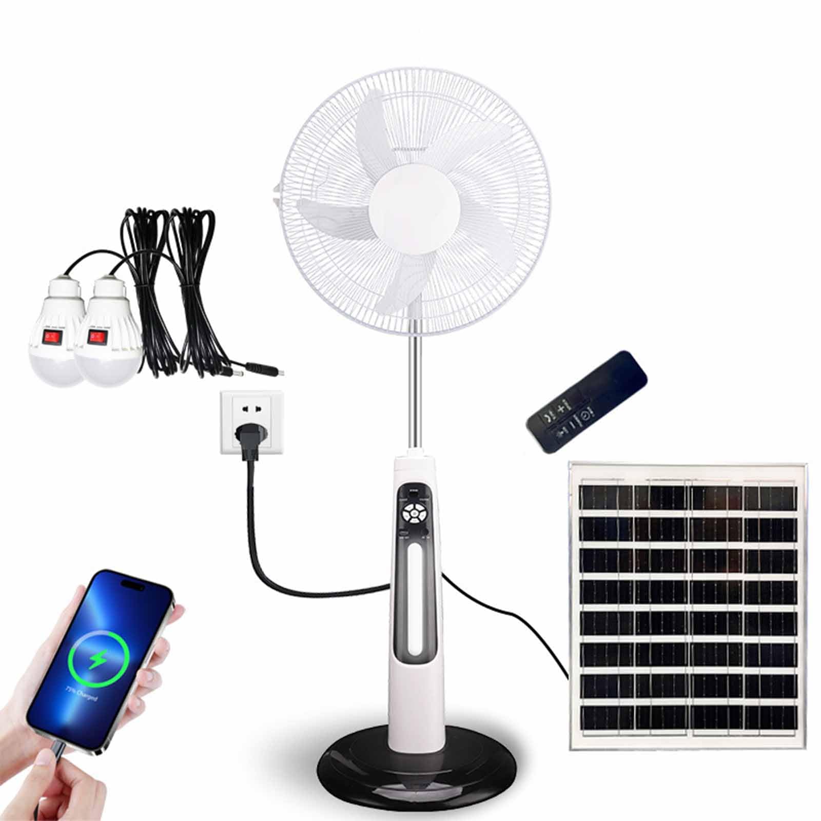 Ventilador portátil recargable con panel solar y control remoto para camping y hogar