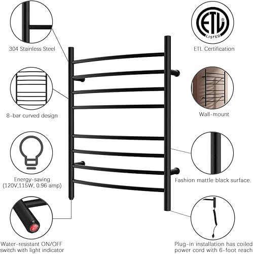 Miniatura 11 de HEATGENE Calentador de toallas de 8 bares, calentador de toallas de baño curvo, calentador de toallas para baño, estante de secado enchufable