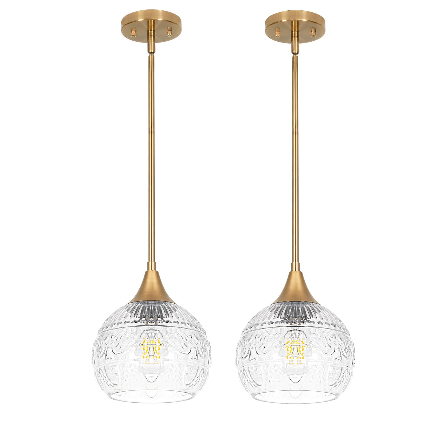Brass Pendant Lights Kitchen Island 2 Pack Brushed Gold Bathroom Pendant Light with Vintage Clear Glass Globe Shade