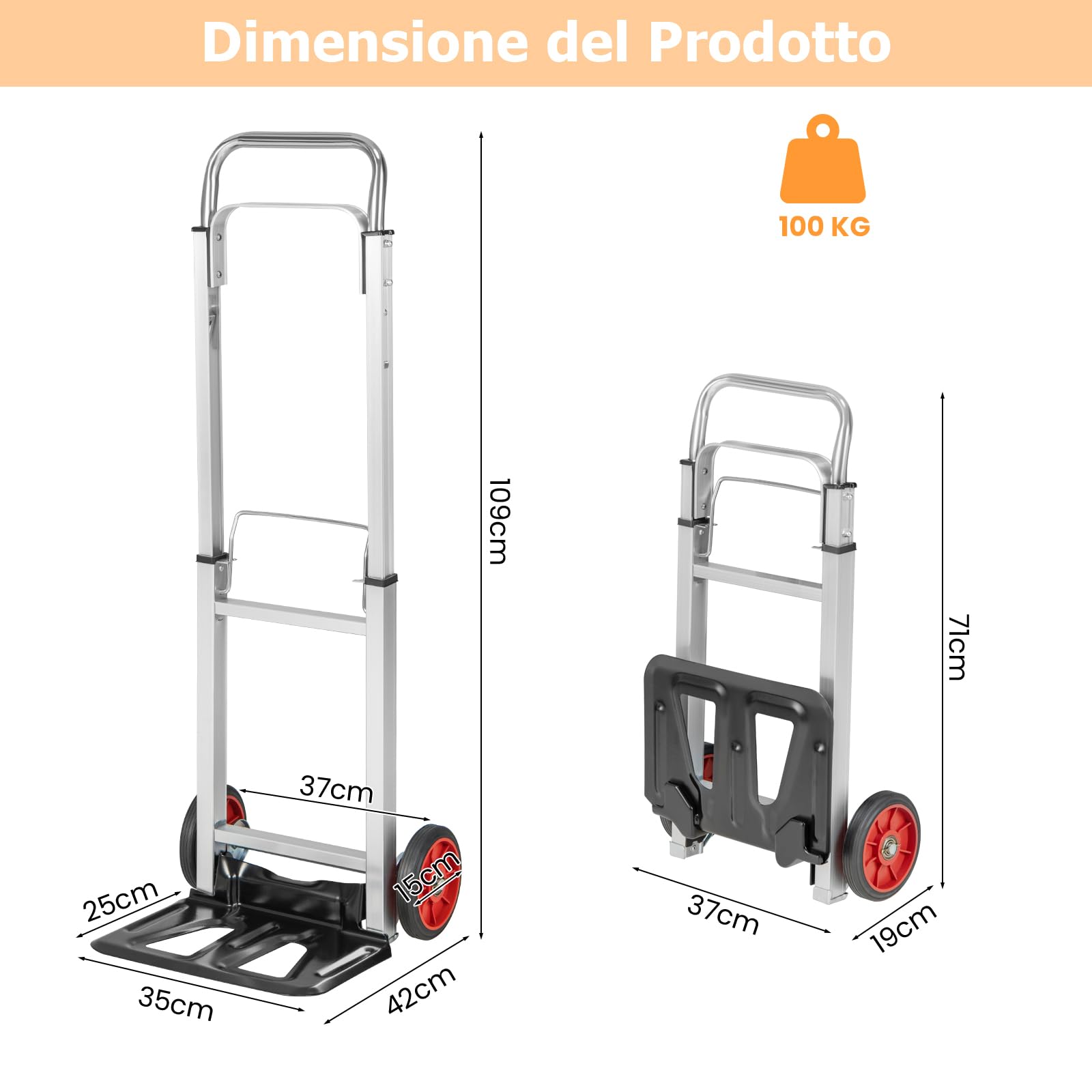 GYMAX Carrello Manuale in Alluminio, Carrello da Trasporto con Maniglia Regolabile in Altezza e Ruote, Carrello a Sacco Pieghevole per Magazzino, Garage e Giardino, Portata 100 kg, Argento + Nero
