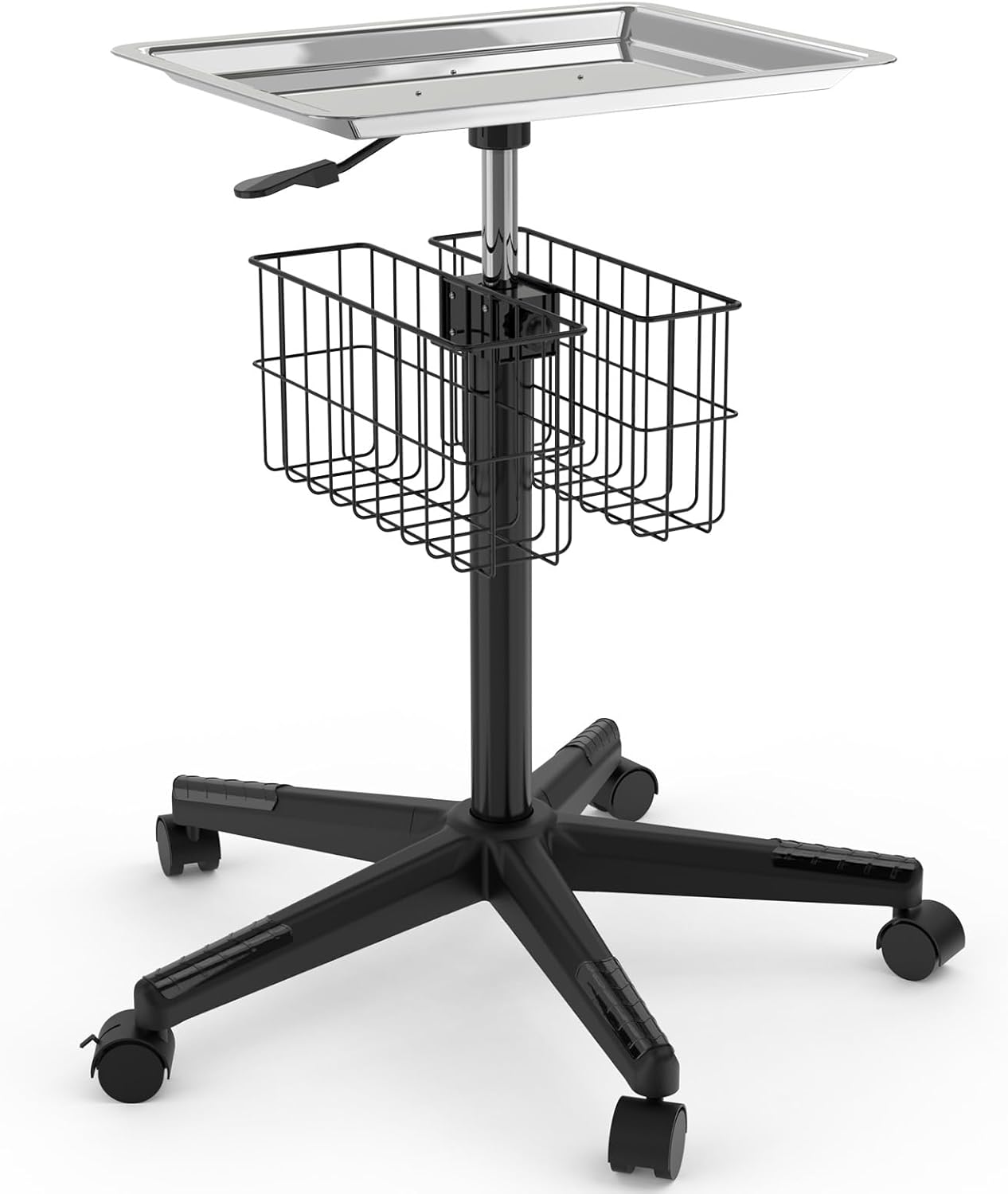POCHAR Rolling Tray on Wheels Stainless Steel with 2 Baskets - Pneumatic Height Adjustable Medical Tray with Wheels for Clinic, Dental, Salon, Tattoo, Spa - Mobile Salon Tattoo Tray Trolley