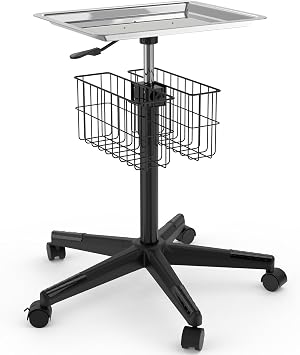 POCHAR Rolling Tray on Wheels Stainless Steel with 2 Baskets - Pneumatic Height Adjustable Medical Tray with Wheels for Clinic, Dental, Salon, Tattoo, Spa - Mobile Salon Tattoo Tray Trolley
