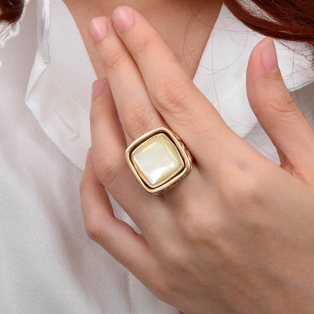 Barse Jewelry Blue Turquoise and White Mother of Pearl Flip Reversible Golden Ring