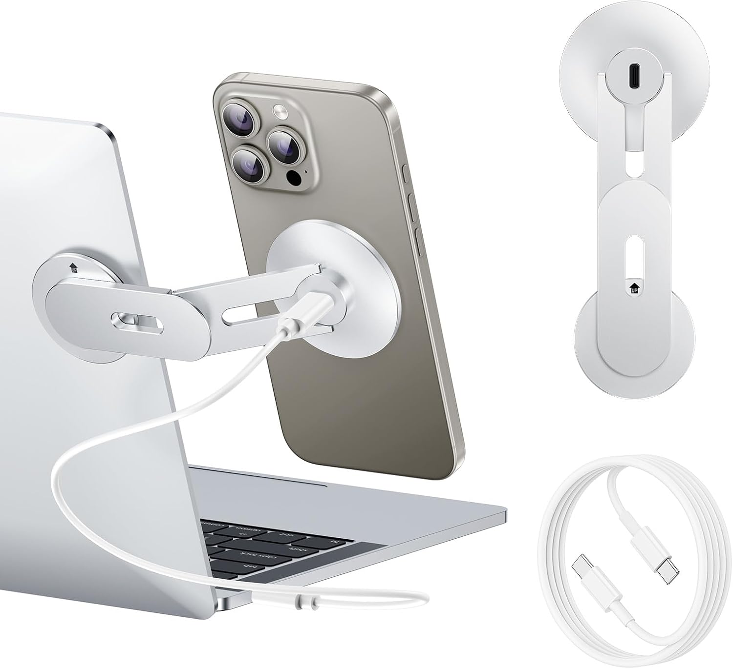 Laptop Phone Holder, Magnetic Phone Stand 15W Fast Wireless Charger for MagSafe for iPhone 16/15/14/13/12 & All Phones for Tesla (Silver)