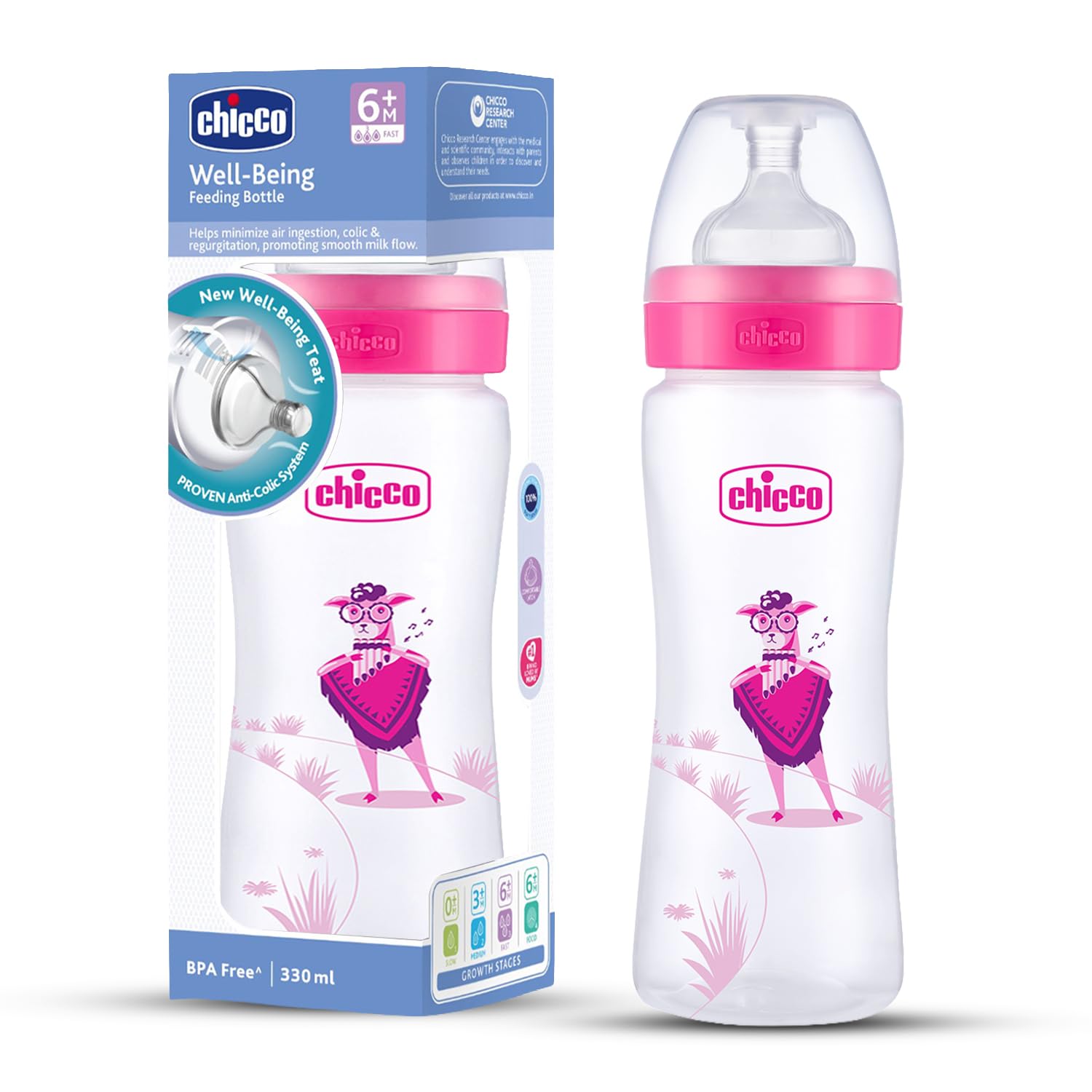 Chicco Wellbeing PP Feeding Bottles Jungle Music 330ml (Pink) I Proven Anti-Colic System I Comfortable Latch I Soft Silicone I Food Grade I BPA Free I Wide Neck I Fast Flow | 6+ Months-picture-17