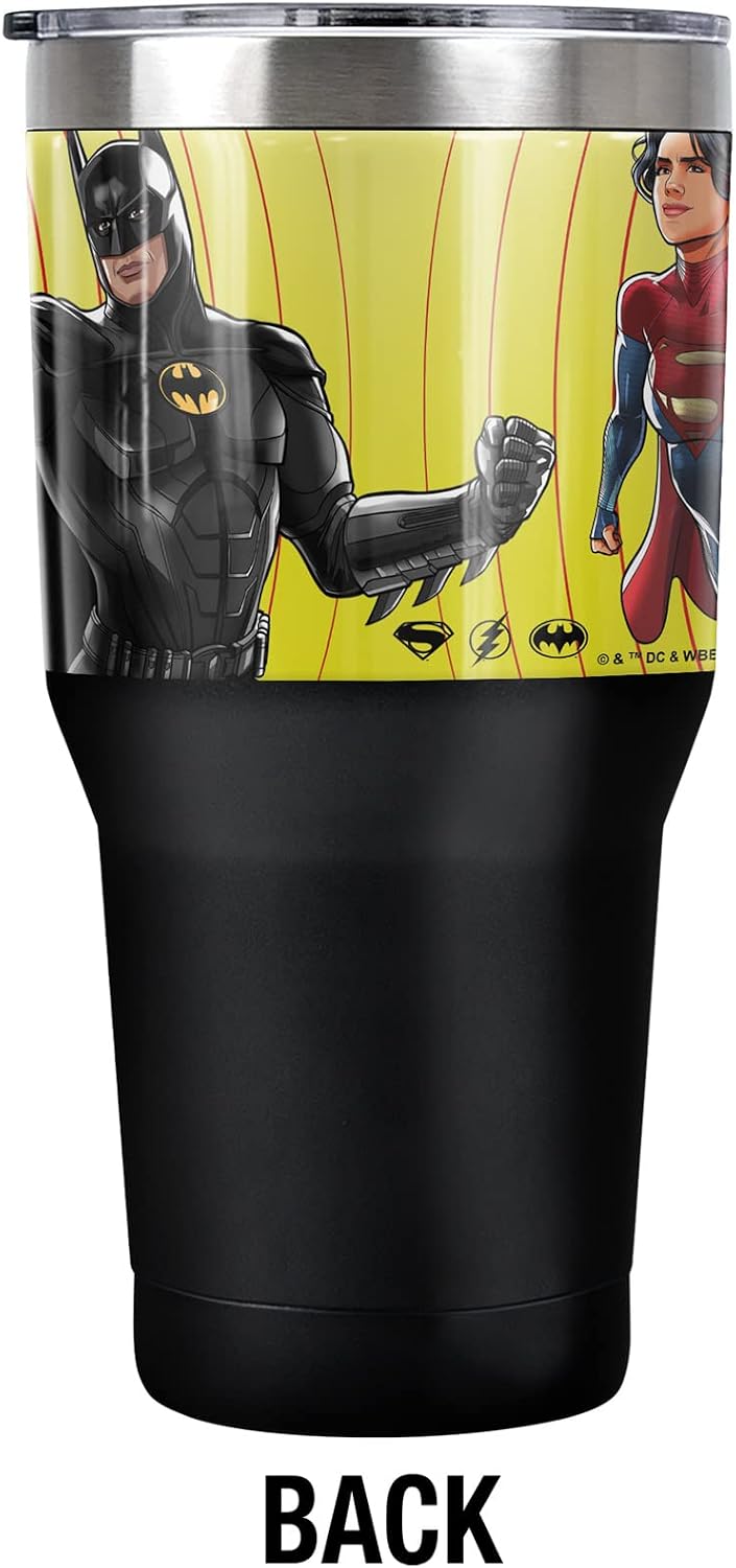 The Flash OFFICIAL Batman Supergirl Team Up 30 oz Travel Tumbler, Stainless Steel, Vacuum Insulated with Leak Resistant Slide-Lock Lid