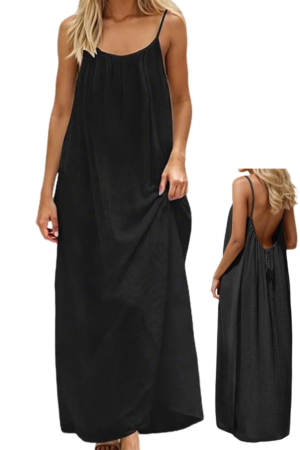 Robe Cami Dos Nu avec Bretelles Spaghetti-Maxi Robe d'Été Confortable pour Plage, Vacances & Lounge-Robe Longue Légère pour Femme