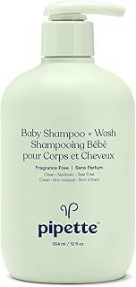 Pipette New Formula Baby Shampoo + Wash, 100% Plant-Derived Squalane and Free of Synthetic Fragrances, Tear-Free Baby Bath Time, Fragrance-Free Shampoo & Wash, 12 fl. oz.