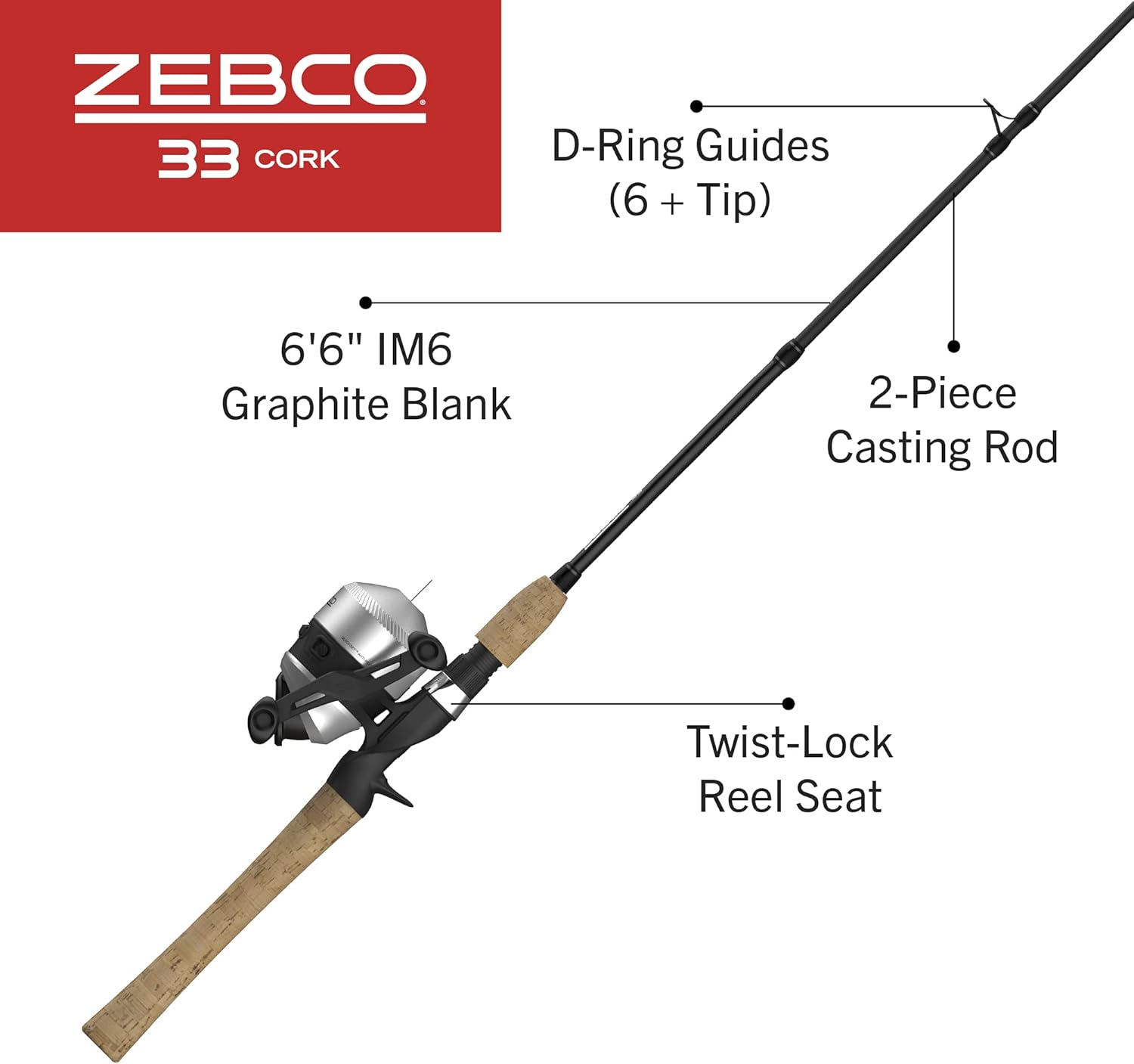Zebco 33 Cork Reel and Fishing Rod Combo, Graphite Rod with Cork Handle, QuickSet Anti-Reverse Fishing Reel with Bite Alert, Black