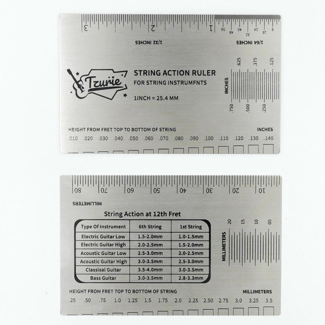 Guitar String Action Gauge, Stainless Steel Pocket Size Tool with Travel Case, for Measuring Guitar String Height Gauge Ruler (Brown)