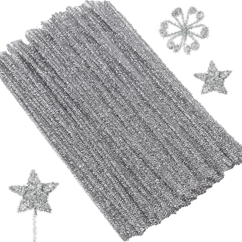 100 Stück Pfeifenputzer Zum Basteln,Pfeifenreiniger Zum Basteln,Pfeifenputzer Zum Basteln Glitzer,Pfeifenreiniger Bunt Zum Basteln,Chenilledraht,für DIY Basteln und Dekorationen,30cm × 6mm,Silbrig