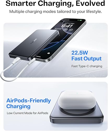 Miniatura 5 de TORRAS MiniMag Power Bank, cargador portátil inalámbrico magnético ultradelgado de 10,000 mAh, batería MagSafe de carga rápida de 22.5 W, diseñada