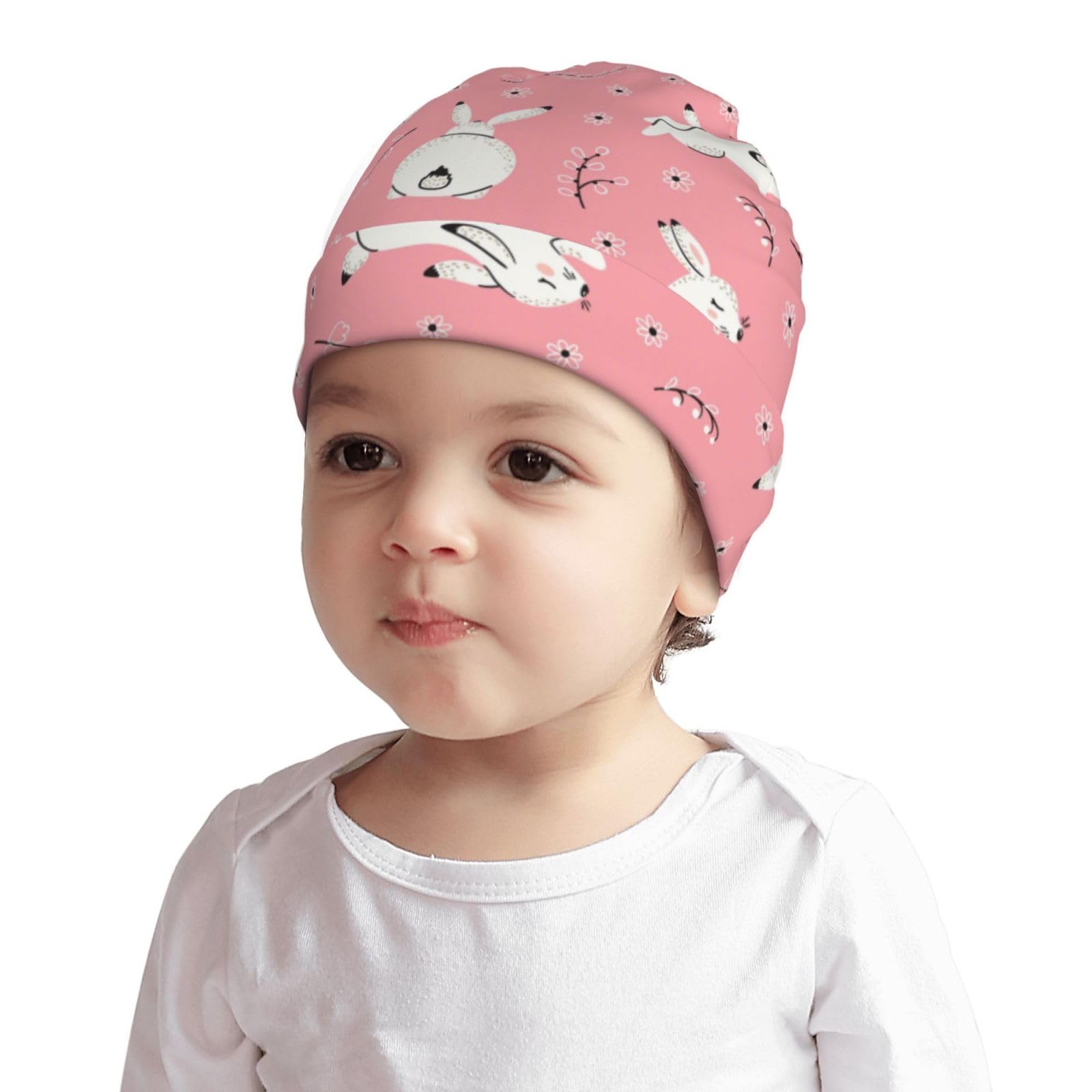 Cute Rabbit Pattern Kids Beanie Hats Warm Knit Beanie Cap Skull Caps Gifts Decor for Boys Girls White