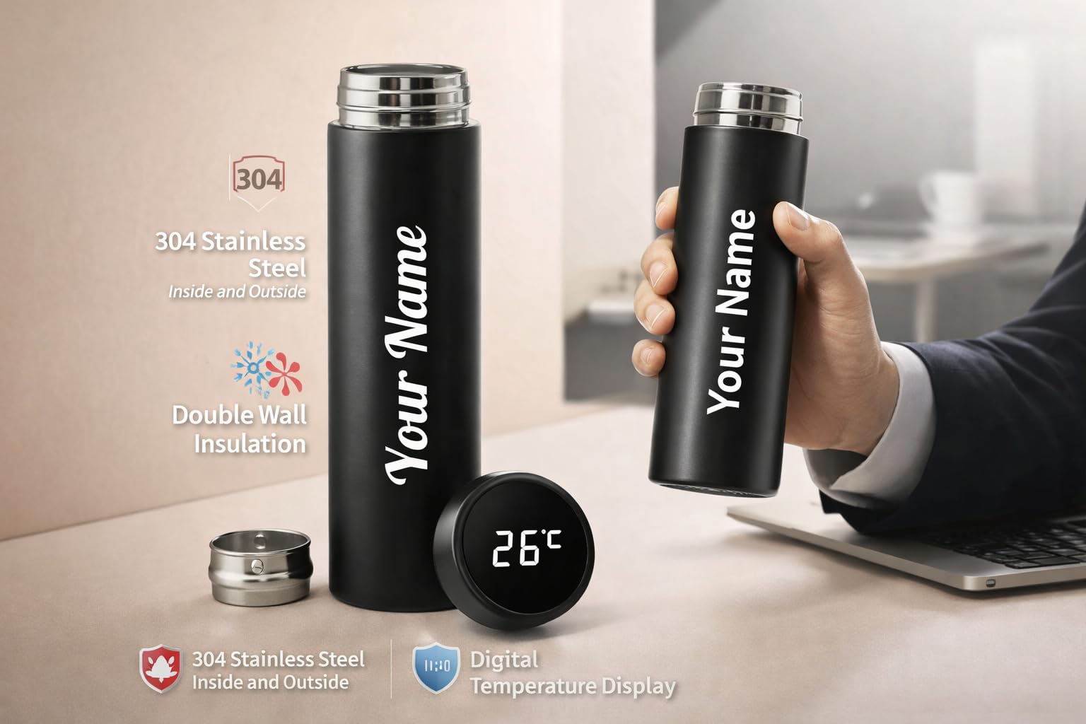 Customised Temperature Water Bottle with Your Name | Stainless Steel Smart Water Bottle with LED Temperature Display | Leakproof | Travel, Kids, Fitness, Sports, Gym, Workout 500ml — Amazon image 5