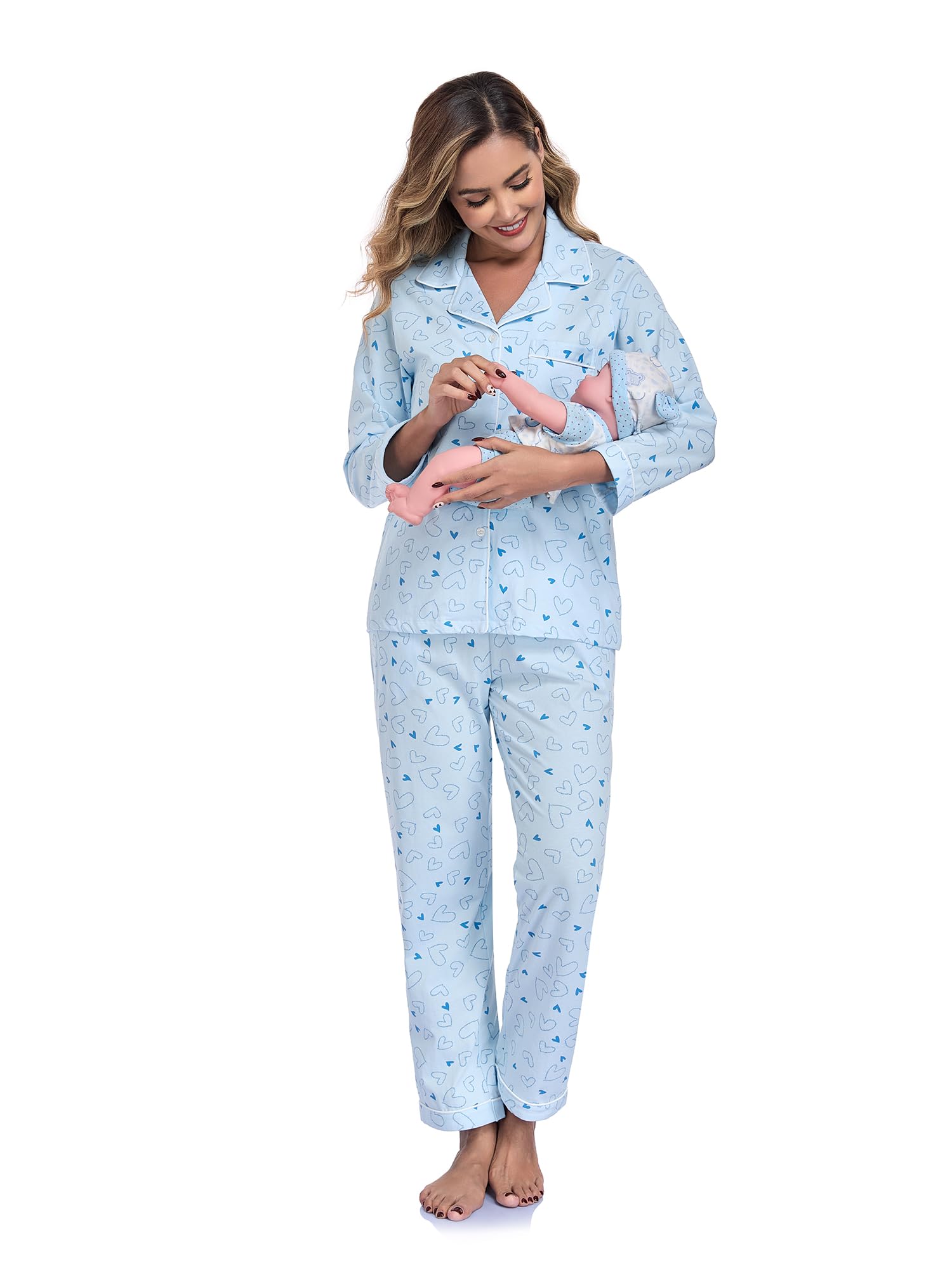 Damen Pyjama Set 100% Baumwolle Leopardenmuster Langarm Knöpfe Hose