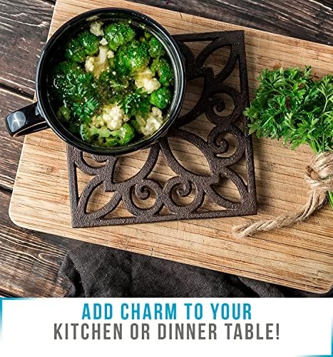 Comfify Decorative Cast Iron Trivet For Kitchen Or Dining Table | Square with Vintage Pattern -With Rubber Pegs/Feet - Recycled Metal - Vintage, Rustic Design - Rust Brown Color