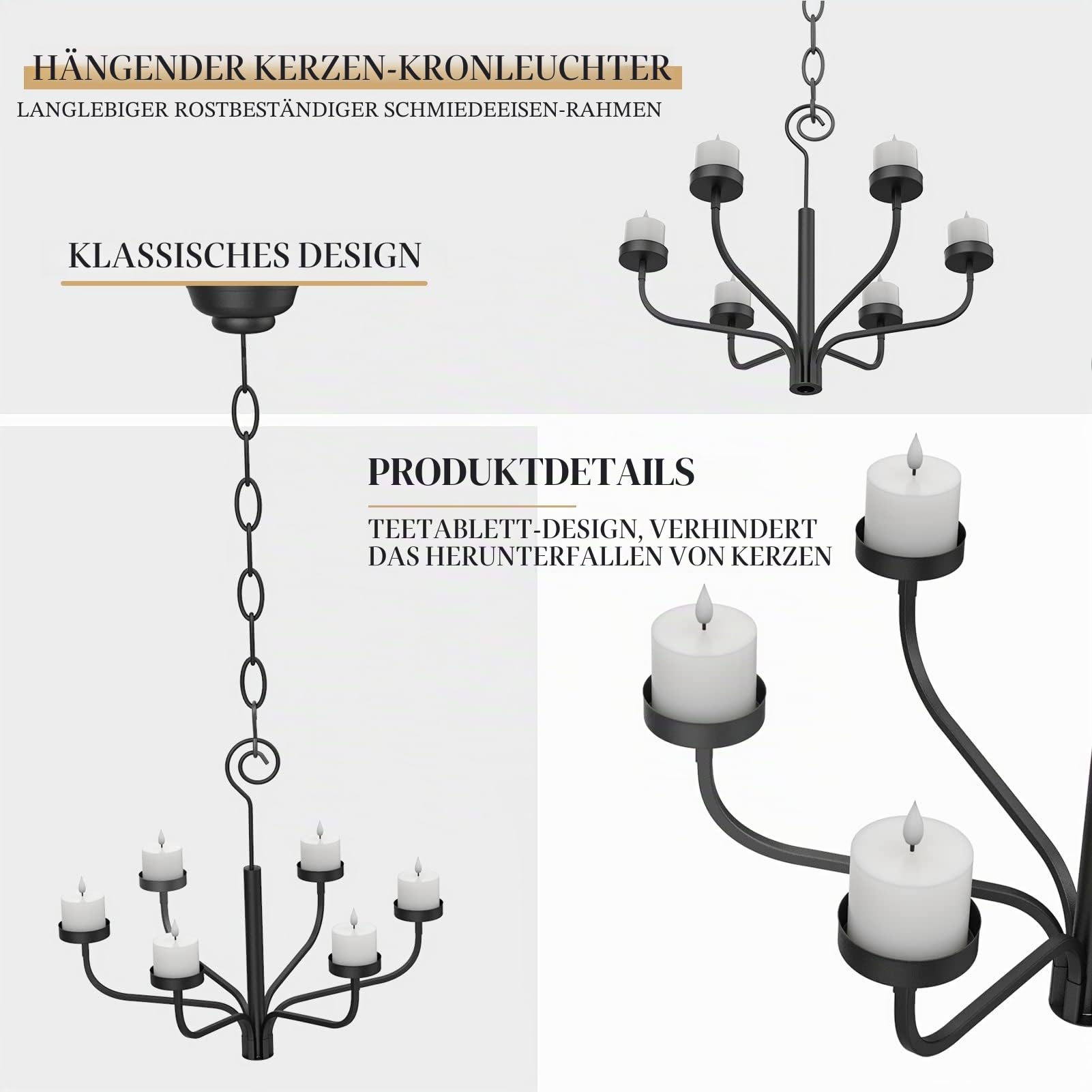 smtyle Schwarzer Kronleuchter für den Außenbereich für Pavillon, 6er Set, Teelicht, Kerze, Metall, Wandleuchter für hängende Dekoration