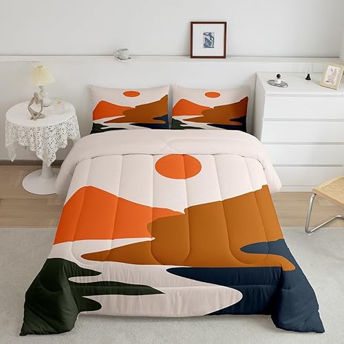 Erosebridal Juego de edredón de estilo japonés, juego de ropa de cama bohemio vintage de paisaje de montaña para mujeres y hombres, juego de edredón