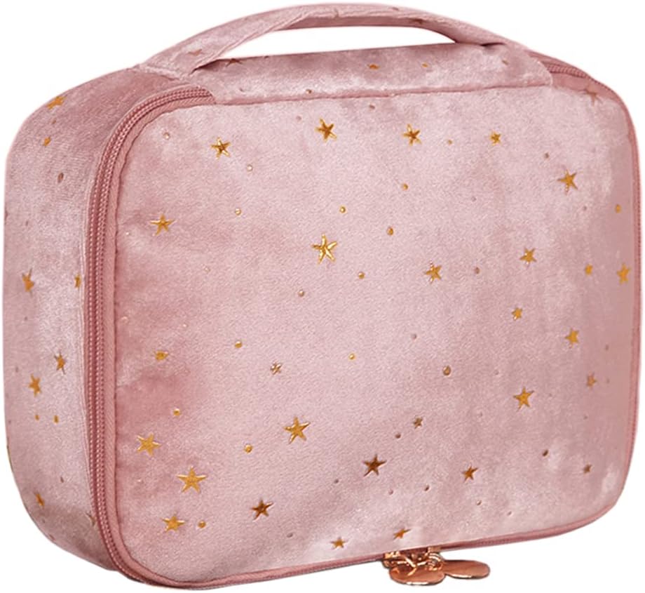 HOYOFO Women Cosmetic Makeup Bag with Makeup Brush Holder Travel Velvet Cosmetic Bags with Zipper Starry Make up Pouch Bag, B Pink