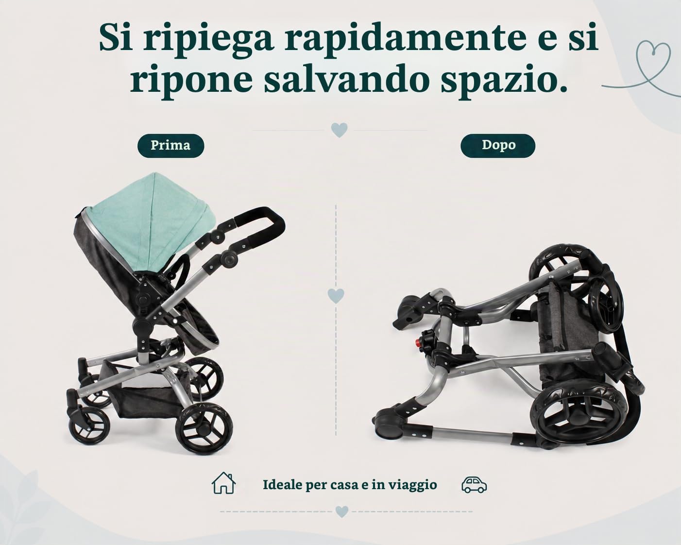 Passeggino per Bambole Yolo 2 in 1 per Bambini dai 4 agli 8 Anni, Melange Antracite/Menta