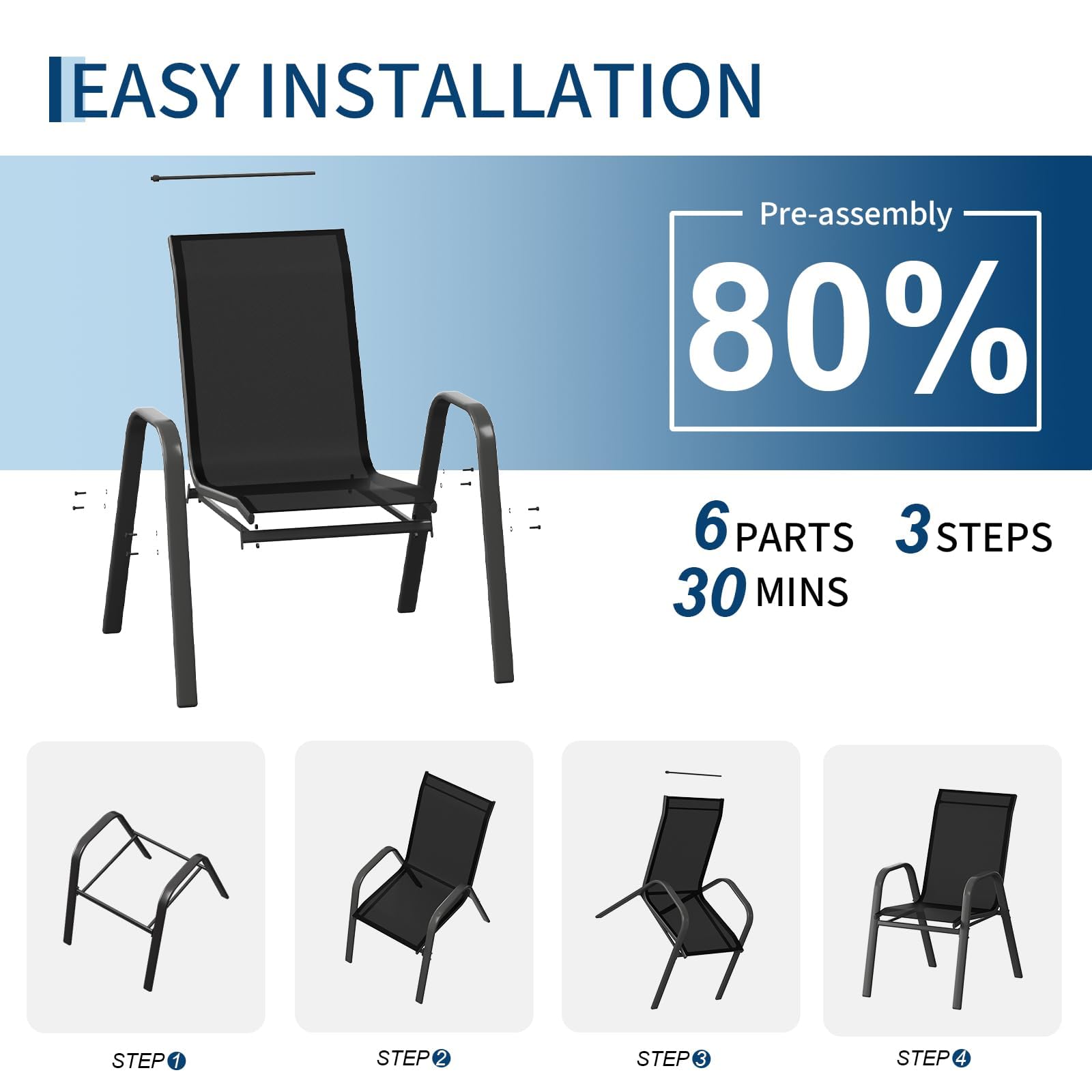 Litake Conjunto Sillas Jardin Exterior, 4 Sillas De Comedor para Exterior Metálicas, Soporte hasta 150 kg, Pintura Anticorrosiva, Tela Doble, Transpirables, Apilables, Estilo Clásico Sencillo,Negro