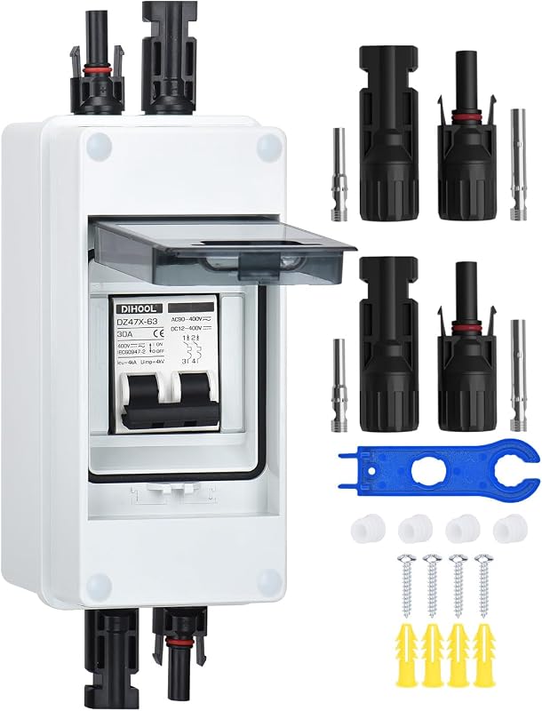 Chave seccionadora solar DIHOOL 30 A com disjuntor miniatura DC/AC, caixa para trilho DIN IP65 e terminais solares HT3MC30A