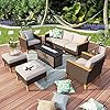 MFSTUDIO 7 Piece Wicker Patio Furniture Set with 56 Fire Pit Table All Weather PE Rattan Patio Sectional Sofa Conversation Set with 50000 BTU CSA Approved Fire Pit Table Ottoman Beige Cushion