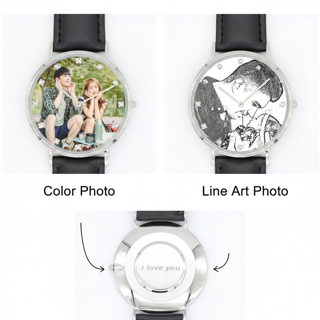 Coppia di orologi da polso personalizzati, con incisione personalizzata per uomini e donne, orologi da polso al quarzo con cinturino in pelle nera, con marcature a diamante, resistente