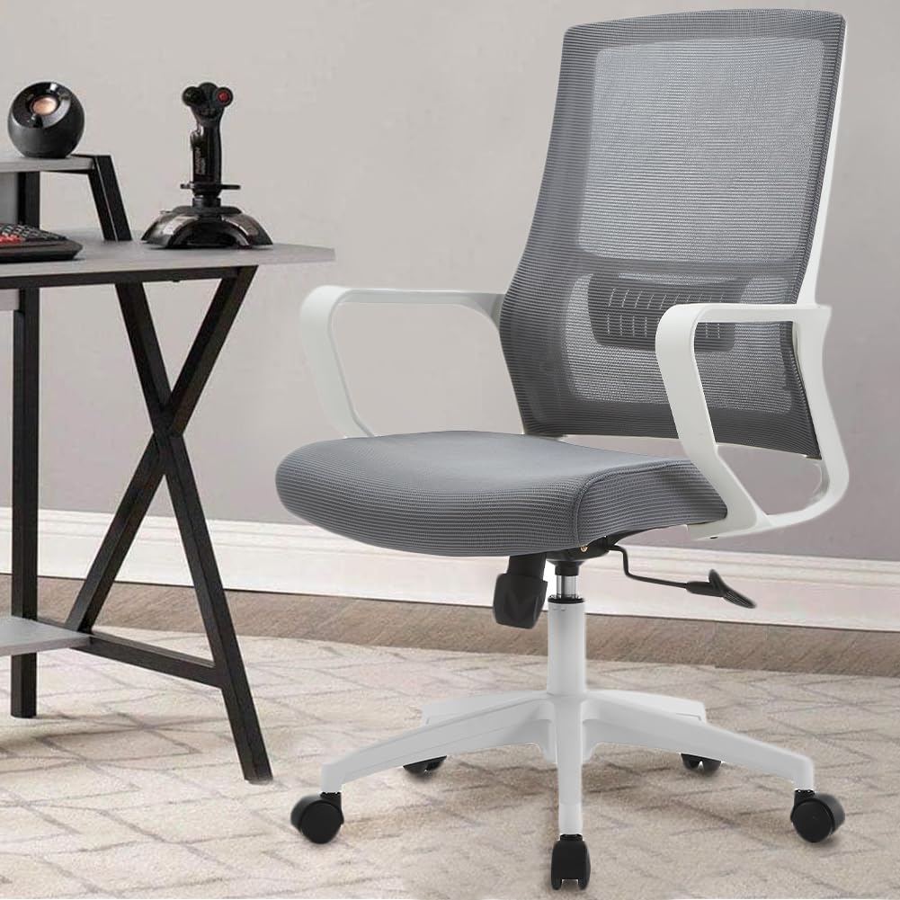 Shally Dogan Sedia da Ufficio Ergonomica Girevole con Supporto Lombare, Poltrona da Scrivania, Studio, Cameretta, Reclinabile con Altezza Regolabile, Base Bianca Robusta, Schienale Antisudore (Grigio)