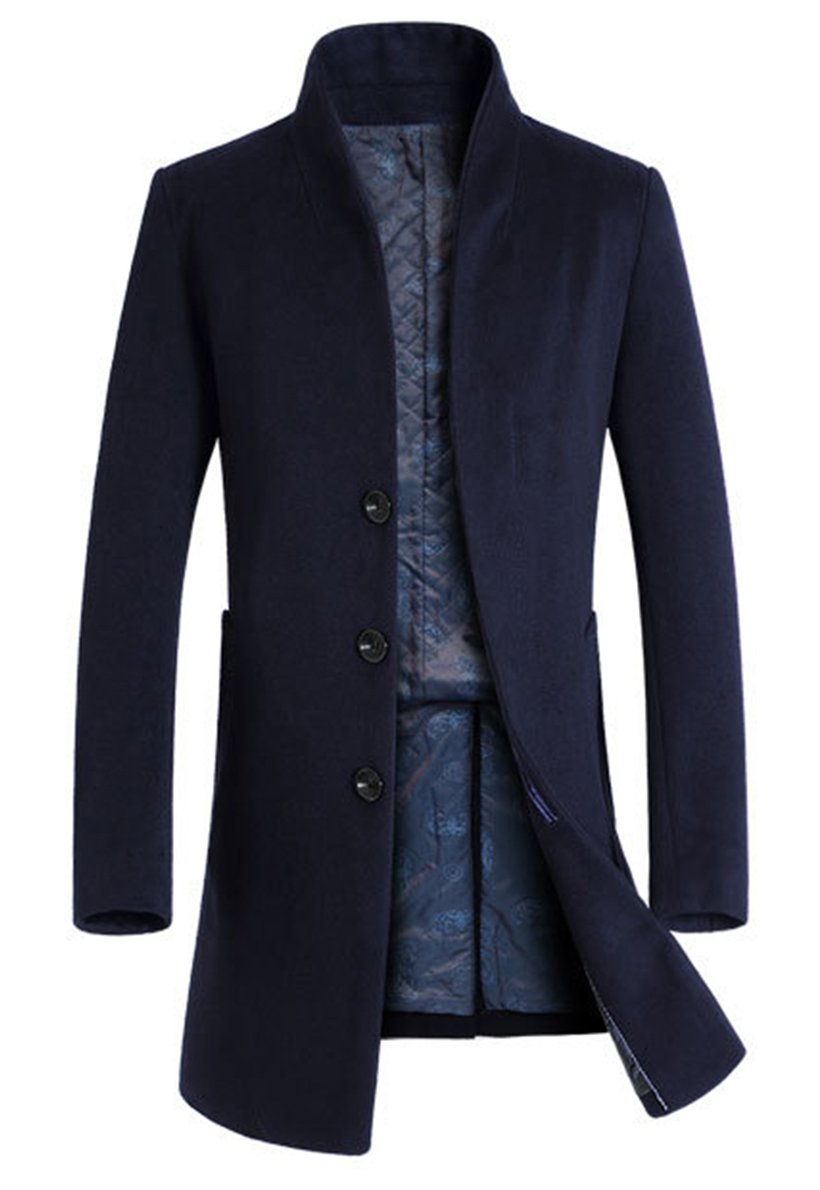 LavnisMen's Trench Coat Long Wool Blend Overcoat Slim Fit Down Topcoat Thick Style Navy Blue 2XL