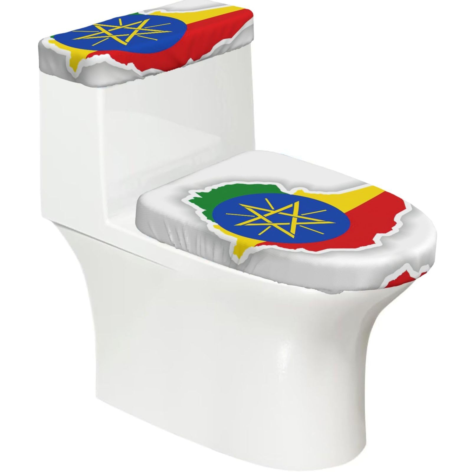 Ethiopia Flag Map Print Toilet Covers Set With Elastic Bottom, Universal Toilet Lid And Toilet Tank Covers