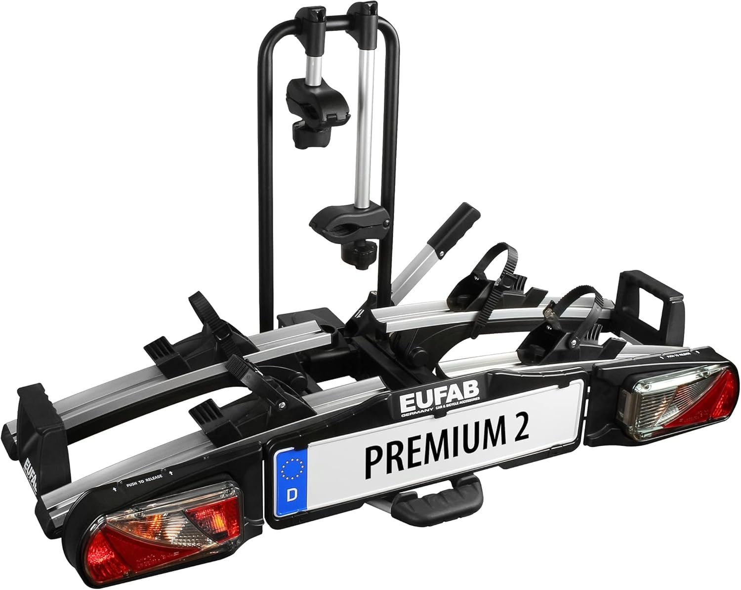 EUFAB 11521 Heckträger Premium ll für Anhängekupplung, für E-Bikes geeignet + EUFAB 11243 Radstopper für breite Reifen II Plus, Prem. III