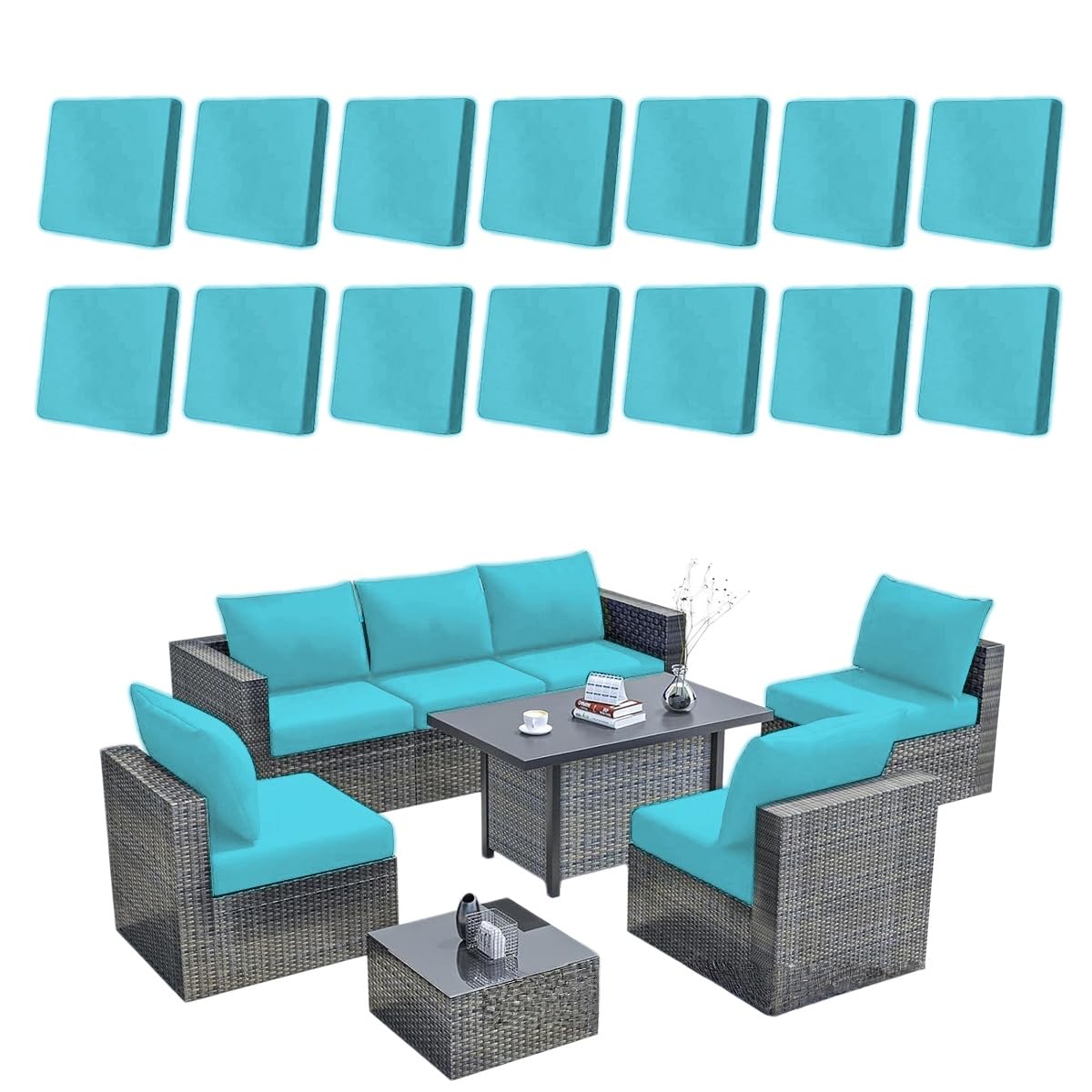 Hiseng 8/12/14 PCS Outdoor Cushion Covers Stretch Patio Cushion Covers Replacement Slipcovers Washable for Outdoor Sofa Cushions, Garden Furniture Set, Rattan Corner Sofa (Cyan,14 pcs)