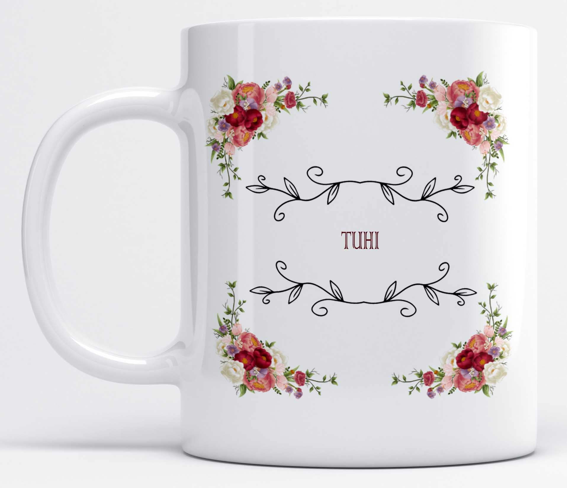 LOROFY Beautiful Floral Frame Name TUHI Printed Ceramic Coffee Mug (325ML)