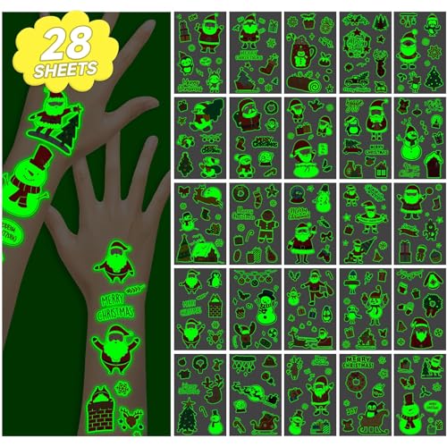 EMOME 28 Hojas Tatuajes Navideños Luminosos para Niños, Calcetines Navideños para Rellenar, Decoraciones de Fiesta, Regalos, Bolsas de Regalo Navideñas para Juegos y Actividades Navideñas