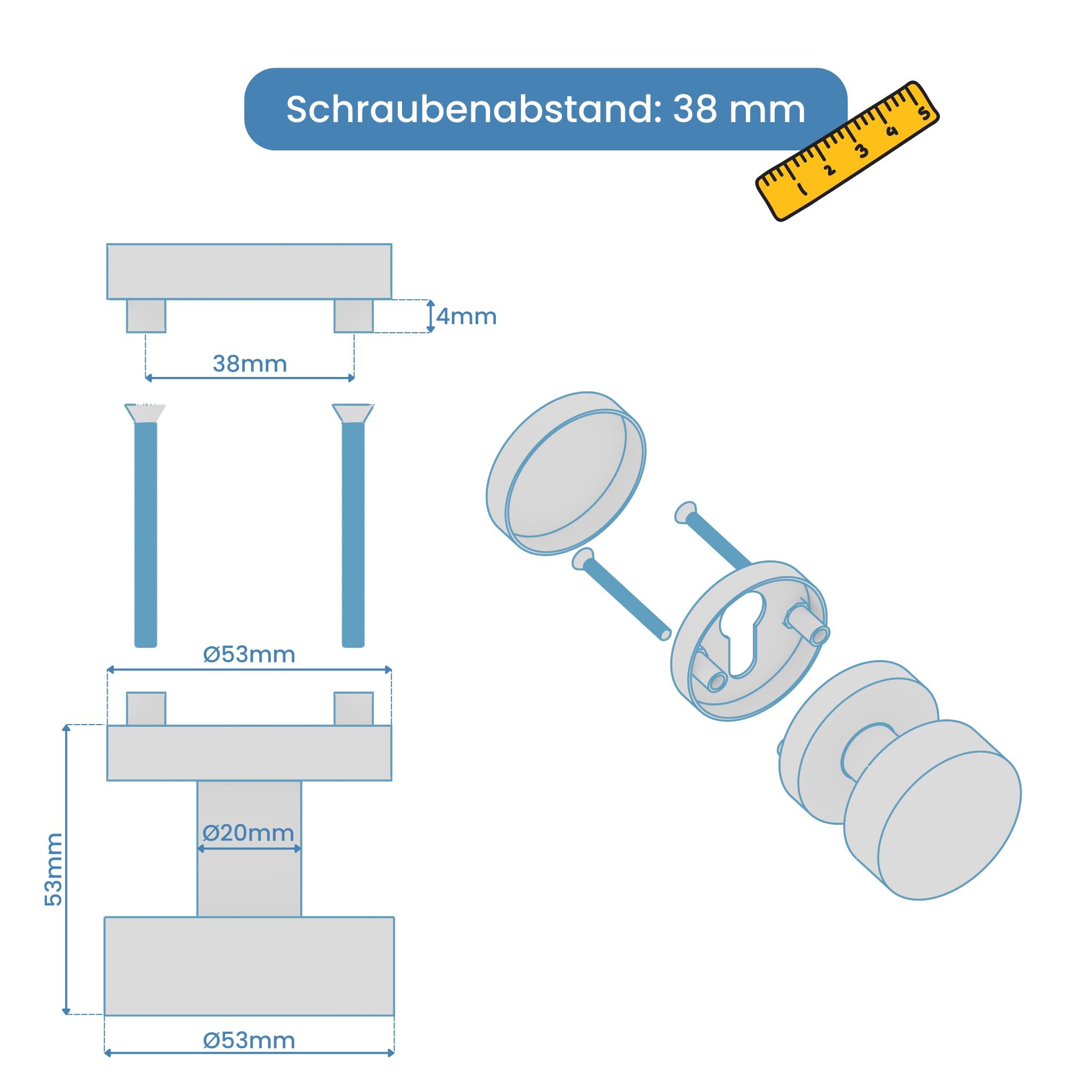 Sempro FIX Türknauf Edelstahl – feststehend, Schraubenabstand 38 mm, für Türstärken 38–55 mm – Halb-Set für Haustür & Innentür (1 Stück)